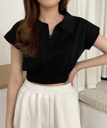 夏ニット レディース 半袖 襟付きニット ショート丈 Vネック カットソー 襟付きリブtシャツ