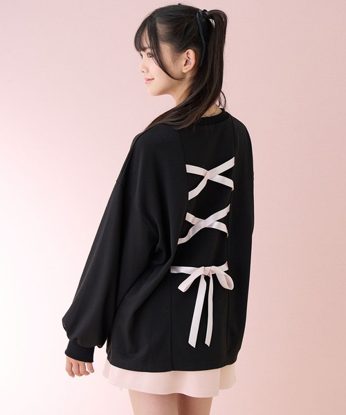 Amourire girl（アムリールガール）の「バックレースアッププルオーバー（スウェット・キッズ・サックスブルー/ブラック・160cm/150cm/140cm/130cm）」の18枚目の写真