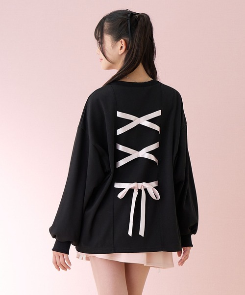 Amourire girl（アムリールガール）の「バックレースアッププルオーバー（スウェット・キッズ・サックスブルー/ブラック・160cm/150cm/140cm/130cm）」の17枚目の写真