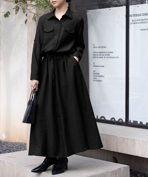 ONEP STAR（ワンピスター）の「カジュアルロングシャツワンピース（シャツワンピース・レディース・ダークグレー/モカ/カーキ/ネイビー/ブラック/ベージュ・LARGE/MEDIUM）」の2枚目の写真