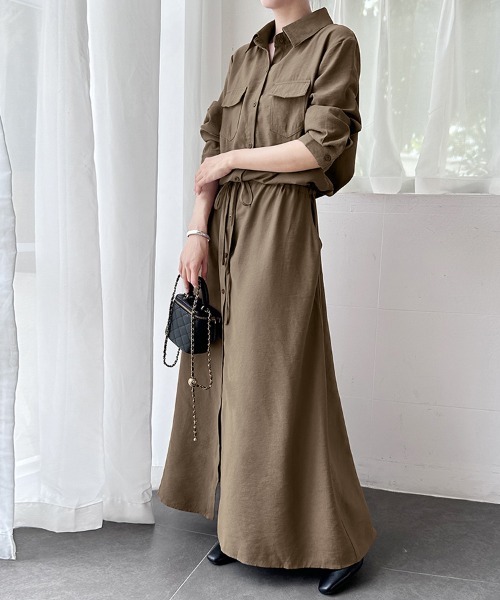 ONEP STAR（ワンピスター）の「カジュアルロングシャツワンピース（シャツワンピース・レディース・ダークグレー/モカ/カーキ/ネイビー/ブラック/ベージュ・LARGE/MEDIUM）」の4枚目の写真