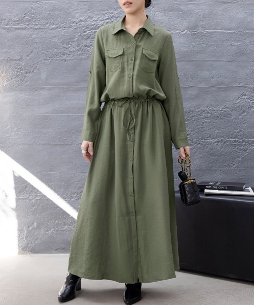 ONEP STAR（ワンピスター）の「カジュアルロングシャツワンピース（シャツワンピース・レディース・ダークグレー/モカ/カーキ/ネイビー/ブラック/ベージュ・LARGE/MEDIUM）」の16枚目の写真