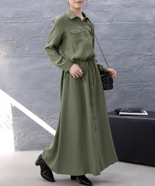 ONEP STAR（ワンピスター）の「カジュアルロングシャツワンピース（シャツワンピース・レディース・ダークグレー/モカ/カーキ/ネイビー/ブラック/ベージュ・LARGE/MEDIUM）」の7枚目の写真
