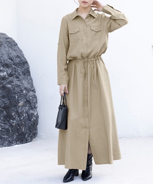 ONEP STAR（ワンピスター）の「カジュアルロングシャツワンピース（シャツワンピース・レディース・ダークグレー/モカ/カーキ/ネイビー/ブラック/ベージュ・LARGE/MEDIUM）」の20枚目の写真