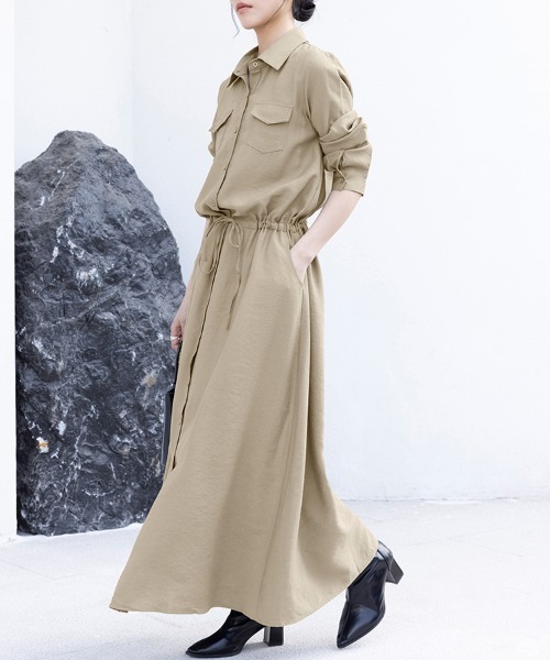 ONEP STAR（ワンピスター）の「カジュアルロングシャツワンピース（シャツワンピース・レディース・ダークグレー/モカ/カーキ/ネイビー/ブラック/ベージュ・LARGE/MEDIUM）」の18枚目の写真