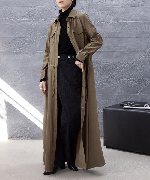 ONEP STAR（ワンピスター）の「カジュアルロングシャツワンピース（シャツワンピース・レディース・ダークグレー/モカ/カーキ/ネイビー/ブラック/ベージュ・LARGE/MEDIUM）」の14枚目の写真