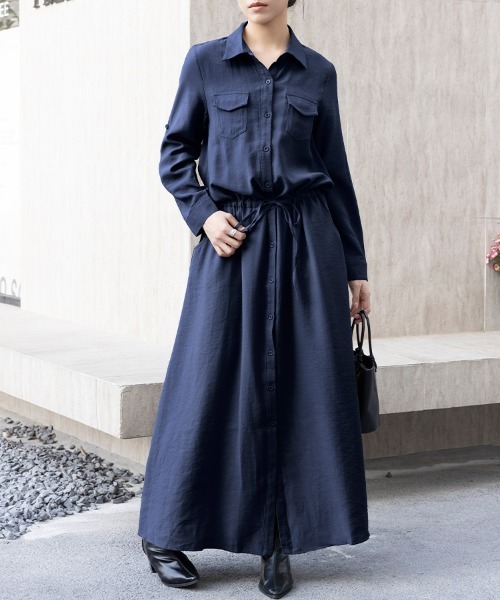 ONEP STAR（ワンピスター）の「カジュアルロングシャツワンピース（シャツワンピース・レディース・ダークグレー/モカ/カーキ/ネイビー/ブラック/ベージュ・LARGE/MEDIUM）」の22枚目の写真