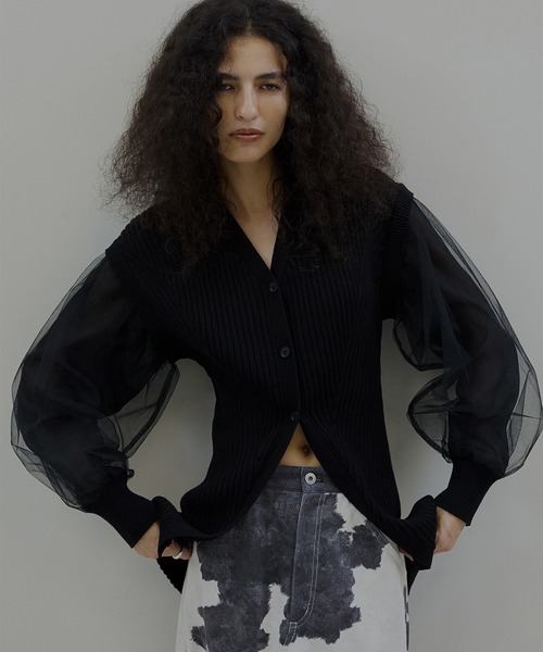 Ameri(アメリ)の「SHEER SLEEVE WAVE KNIT CARDIGAN(カーディガン/ボレロ・レディース・アイボリー/ブラック・FREE)」の2枚目の写真
