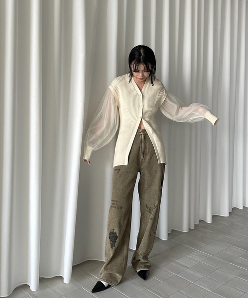 セール】SHEER SLEEVE WAVE KNIT CARDIGAN（カーディガン/ボレロ