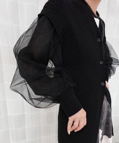 セール】SHEER SLEEVE WAVE KNIT CARDIGAN（カーディガン/ボレロ