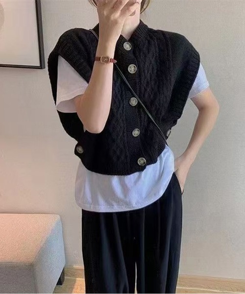 新作】 ショート丈の袖なしニットベスト、ファッションの新しい