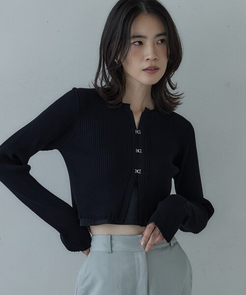 ブラック クロップドカーディガン クロップドリブホックカーディガン（カーディガン/ボレロ）｜GALLEST