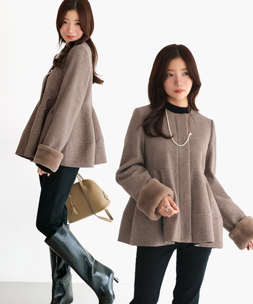 RUIRUE BOUTIQUE（ルイルエブティック）の「ニットメルトン コクーン ペプラム ショートコート ｜ アウター / ウールコート / コート / ショート丈コート / ニットメルトンコート（その他アウター・レディース・グレー/モカ/ブラック・L/M）」の3枚目の写真