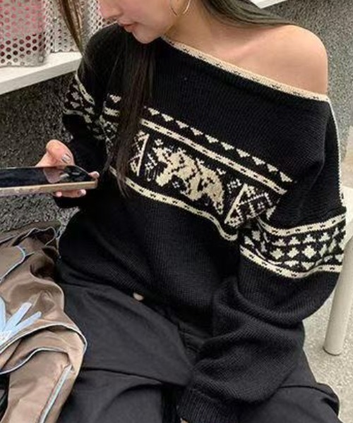 ViViDAY（ビビデー）の「ノルディック柄ニットプルオーバー（ニット/セーター・レディース・ブラック・M）」の7枚目の写真