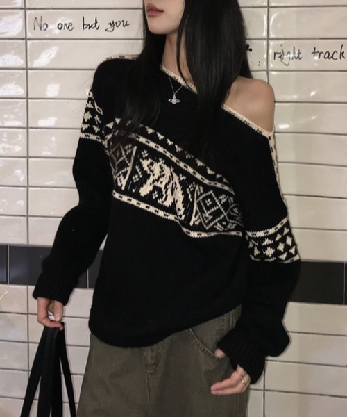 ViViDAY（ビビデー）の「ノルディック柄ニットプルオーバー（ニット/セーター・レディース・ブラック・M）」の2枚目の写真