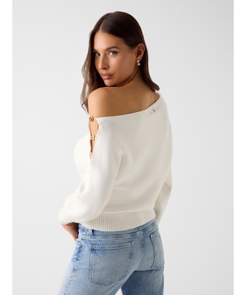 Long Sleeves Off Shoulder Beaded Jamia Sweater オフショルダー