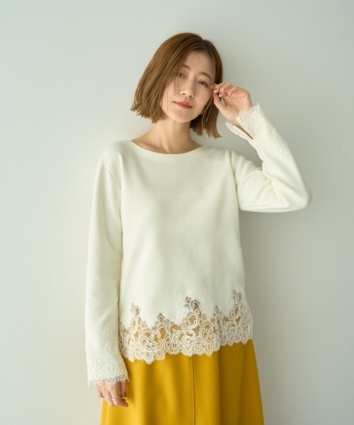 YECCA VECCA（イェッカヴェッカ）の「レースヘムニット（ニット/セーター・レディース・オフホワイト/ブラック/ミント・FREE）」の2枚目の写真