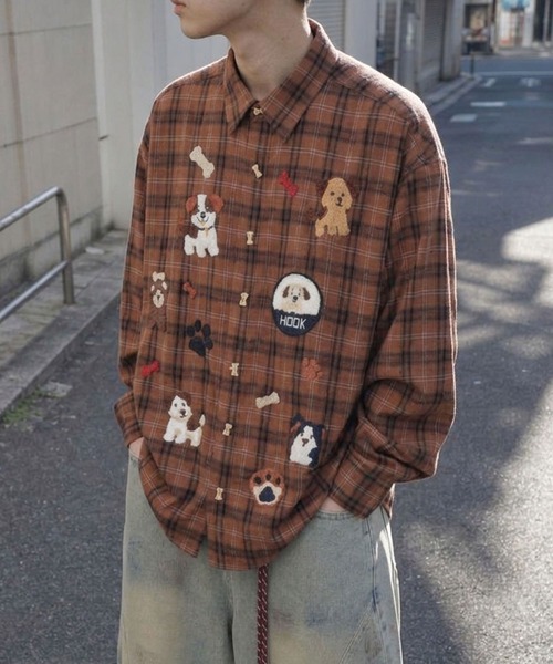 セール】HOOK -original- レトロ古着風 ドッグ刺繍チェックシャツ