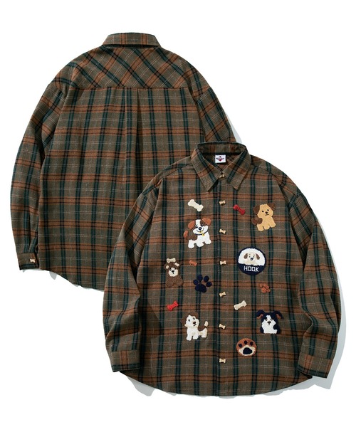 セール】HOOK -original- レトロ古着風 ドッグ刺繍チェックシャツ