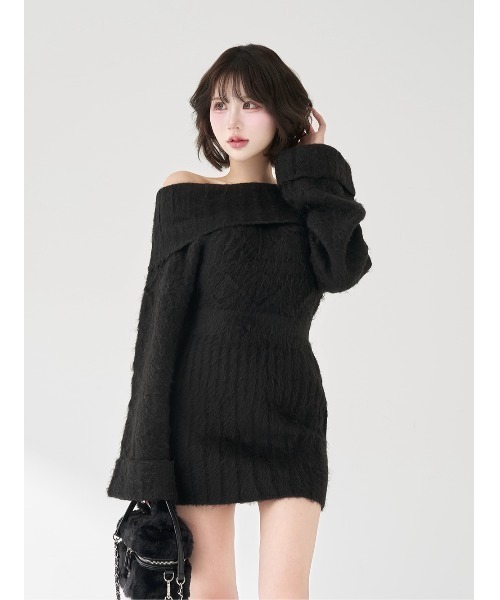 ヘアリーオフショルニットミニワンピース（ワンピース）｜Darich