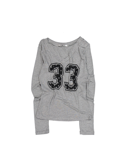 SETUP-EXE(セットアップイーエックスイー)の「33 STRIPE V-NECK TOP / MELANGE GRAY(Tシャツ/カットソー・レディース・その他・OS)」の2枚目の写真