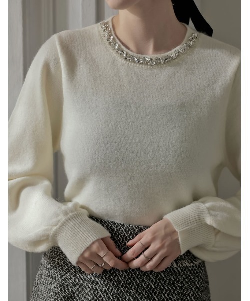 MEISM（ミズム）の「[2025-26 WINTER COLLECTION][MEISM by Re:EDIT]ビジュークルーネックパフスリーブニットプルオーバー（ニット/セーター・レディース・ブラック/オフホワイト/グレー・MEDIUM/LARGE）」の10枚目の写真