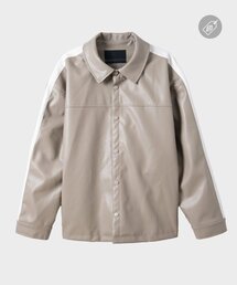 フェイクレザーサイドパイピングレザーシャツジャケット[ベージュ]