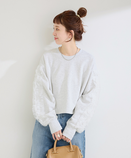 B.C STOCK(ベーセーストック)の「ウォッシャブル / チュールフリルスリーブtops(Tシャツ/カットソー・レディース・チャコールグレー/ライトグレー・FREE)」の6枚目の写真