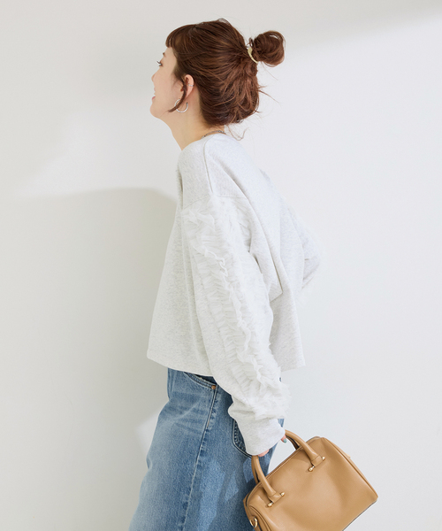 B.C STOCK(ベーセーストック)の「ウォッシャブル / チュールフリルスリーブtops(Tシャツ/カットソー・レディース・チャコールグレー/ライトグレー・FREE)」の7枚目の写真
