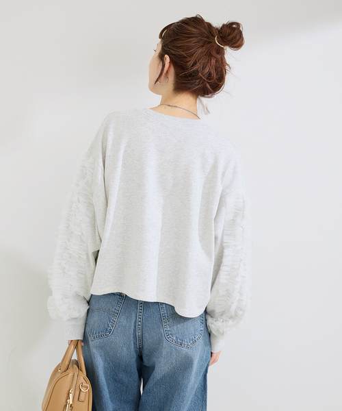 B.C STOCK(ベーセーストック)の「ウォッシャブル / チュールフリルスリーブtops(Tシャツ/カットソー・レディース・チャコールグレー/ライトグレー・FREE)」の8枚目の写真