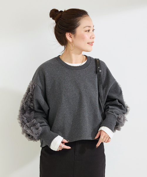 B.C STOCK(ベーセーストック)の「ウォッシャブル / チュールフリルスリーブtops(Tシャツ/カットソー・レディース・チャコールグレー/ライトグレー・FREE)」の13枚目の写真