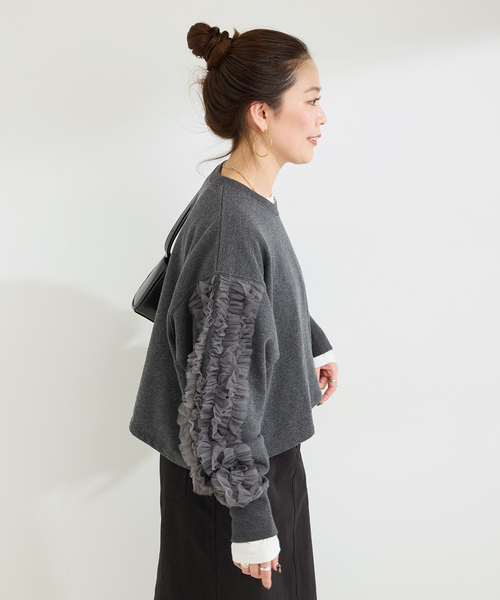 B.C STOCK(ベーセーストック)の「ウォッシャブル / チュールフリルスリーブtops(Tシャツ/カットソー・レディース・チャコールグレー/ライトグレー・FREE)」の14枚目の写真