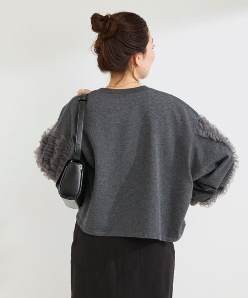 B.C STOCK(ベーセーストック)の「ウォッシャブル / チュールフリルスリーブtops(Tシャツ/カットソー・レディース・チャコールグレー/ライトグレー・FREE)」の15枚目の写真