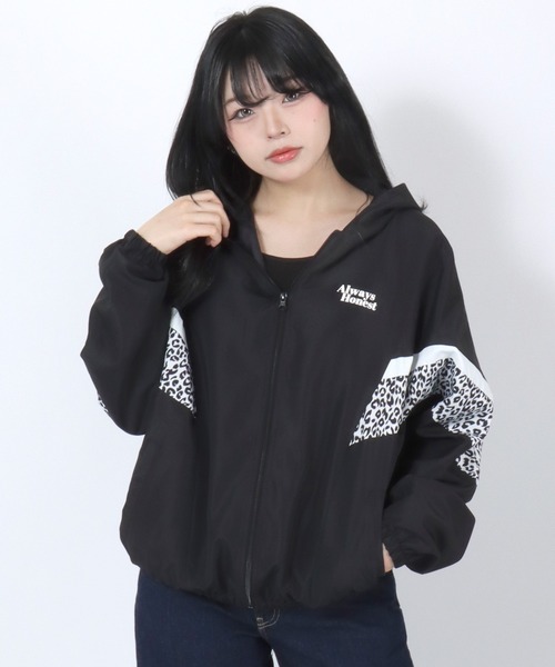セール】ビッグシルエット 袖配色ジップパーカー/ヒョウ柄 カモフラ