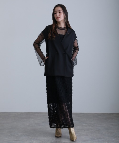 atlo ローズレースペンシルドレス ブラック M 結婚式 パーティードレス ローズ レース セパレートペンシルドレス ロング&袖あり フォーマル