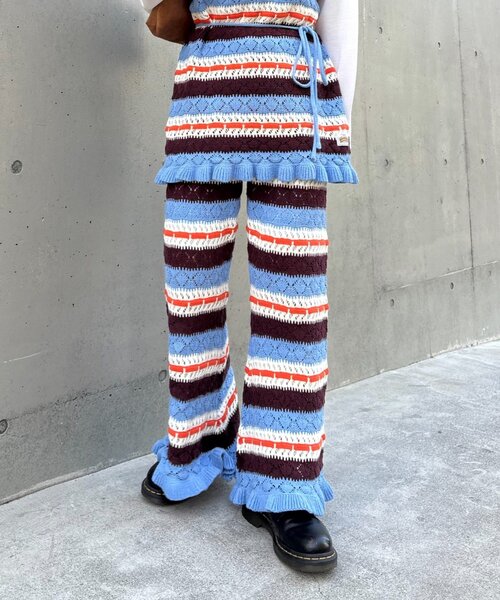 HELLO.SANFRANCISCO（ハローサンフランシスコ）の「【HELLO.SANFRANCISCO】透かし柄ボーダーニットパンツ（その他パンツ・レディース・レッド/サックスブルー・ONE SIZE）」の9枚目の写真