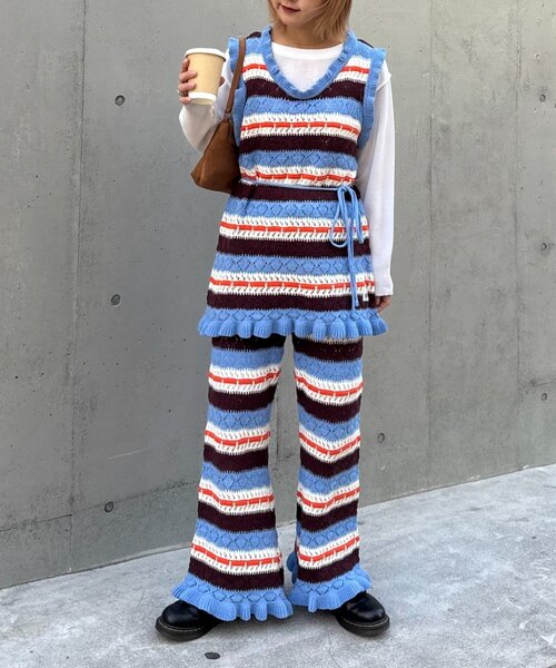 HELLO.SANFRANCISCO（ハローサンフランシスコ）の「【HELLO.SANFRANCISCO】透かし柄ボーダーニットパンツ（その他パンツ・レディース・レッド/サックスブルー・ONE SIZE）」の13枚目の写真