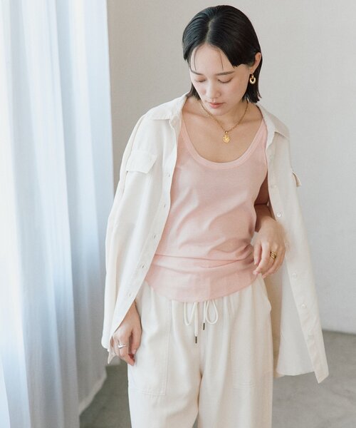 RIVE DROITE（リヴドロワ）の「【フェミニンなムードを演出】チュールリブタンクトップ（キャミソール・レディース・オフホワイト/サックスブルー/ブラック/ピンク・FREE）」の9枚目の写真