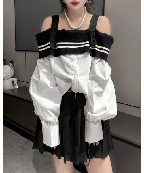 inst.ALL(インストール)の「異素材切り替えボーダーオフショルシャツ(シャツ/ブラウス・レディース・ホワイト・M)」の2枚目の写真