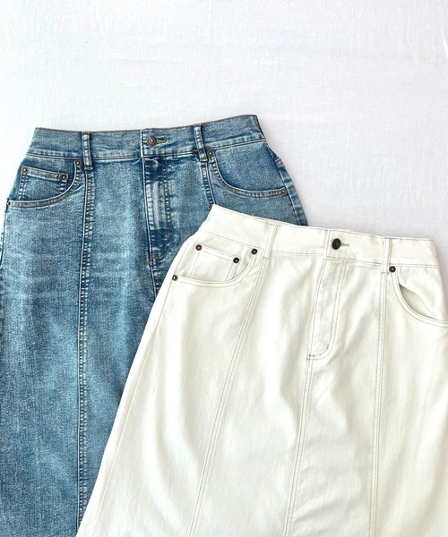 Q(キュー)の「ストレッチデニムナロースカート(スカート・レディース・ブルー/アイボリー・MEDIUM)」の10枚目の写真
