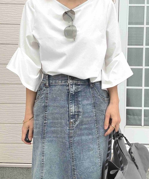 Q(キュー)の「ストレッチデニムナロースカート(スカート・レディース・ブルー/アイボリー・MEDIUM)」の22枚目の写真