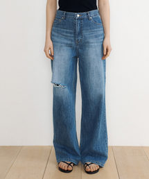 LUCIR ZU（ルシールズ）の「Distressed Wide-Leg Denim (blue)（デニムパンツ）」