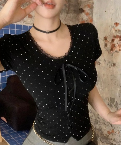 Sibra（シブラ）の「ドット柄レースネックリボンリブトップス（Tシャツ/カットソー・レディース・ブラック/アイボリー・M）」の9枚目の写真