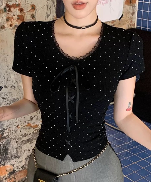 Sibra（シブラ）の「ドット柄レースネックリボンリブトップス（Tシャツ/カットソー・レディース・ブラック/アイボリー・M）」の16枚目の写真