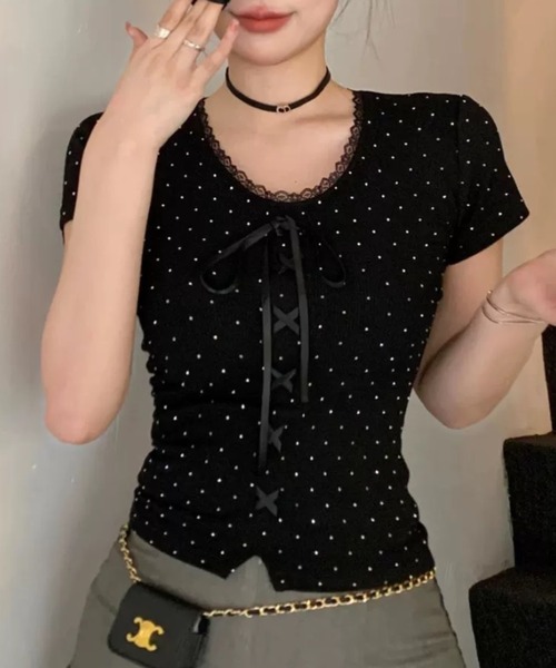 Sibra（シブラ）の「ドット柄レースネックリボンリブトップス（Tシャツ/カットソー・レディース・ブラック/アイボリー・M）」の17枚目の写真