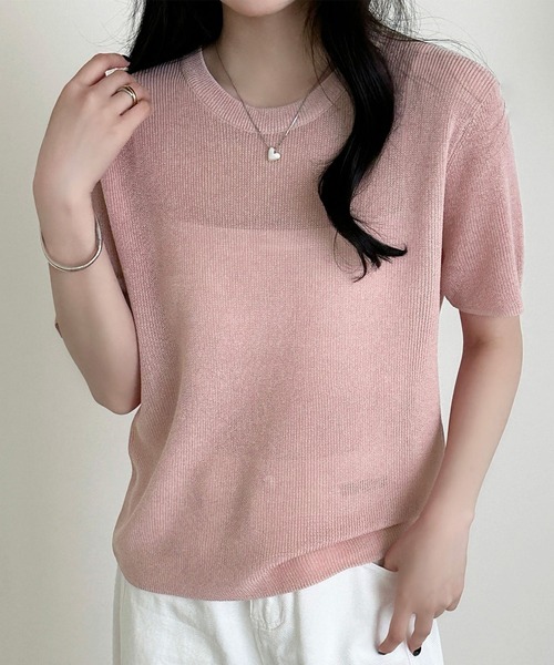 DAY CLOSET(デイ クローゼット)の「レイヤード即戦力。半袖 シアー リブ ニット プルオーバー レディース(Tシャツ/カットソー・レディース・アイボリー/ライトブルー/グレー/ブラック/ピンク・FREE)」の5枚目の写真