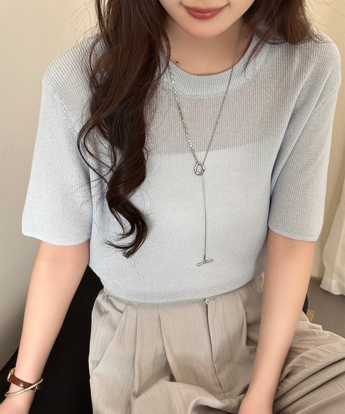 DAY CLOSET(デイ クローゼット)の「レイヤード即戦力。半袖 シアー リブ ニット プルオーバー レディース(Tシャツ/カットソー・レディース・アイボリー/ライトブルー/グレー/ブラック/ピンク・FREE)」の1枚目の写真