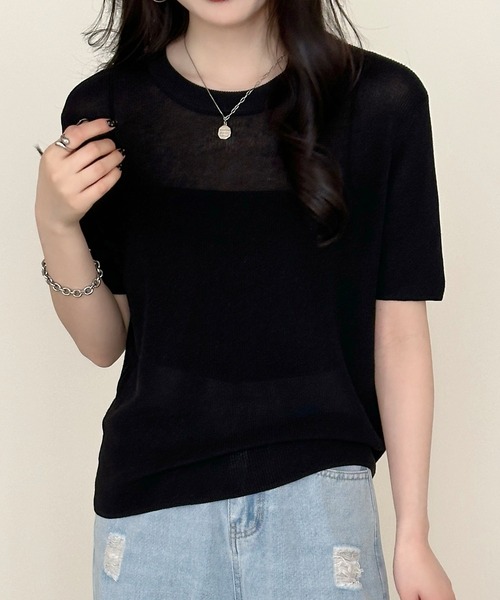 DAY CLOSET(デイ クローゼット)の「レイヤード即戦力。半袖 シアー リブ ニット プルオーバー レディース(Tシャツ/カットソー・レディース・アイボリー/ライトブルー/グレー/ブラック/ピンク・FREE)」の3枚目の写真