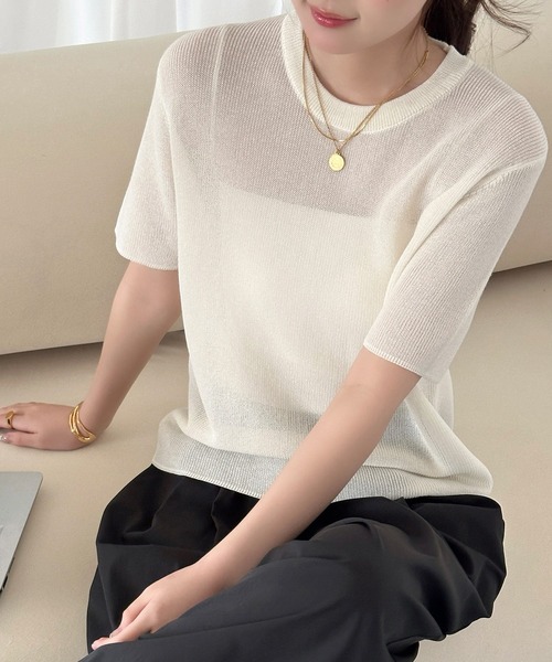 DAY CLOSET(デイ クローゼット)の「レイヤード即戦力。半袖 シアー リブ ニット プルオーバー レディース(Tシャツ/カットソー・レディース・アイボリー/ライトブルー/グレー/ブラック/ピンク・FREE)」の14枚目の写真