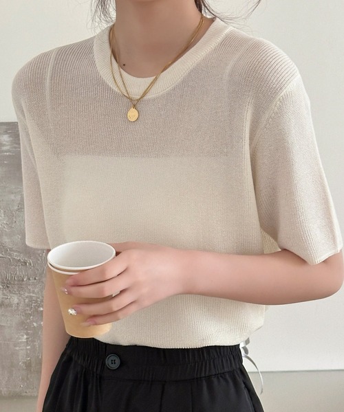DAY CLOSET(デイ クローゼット)の「レイヤード即戦力。半袖 シアー リブ ニット プルオーバー レディース(Tシャツ/カットソー・レディース・アイボリー/ライトブルー/グレー/ブラック/ピンク・FREE)」の13枚目の写真